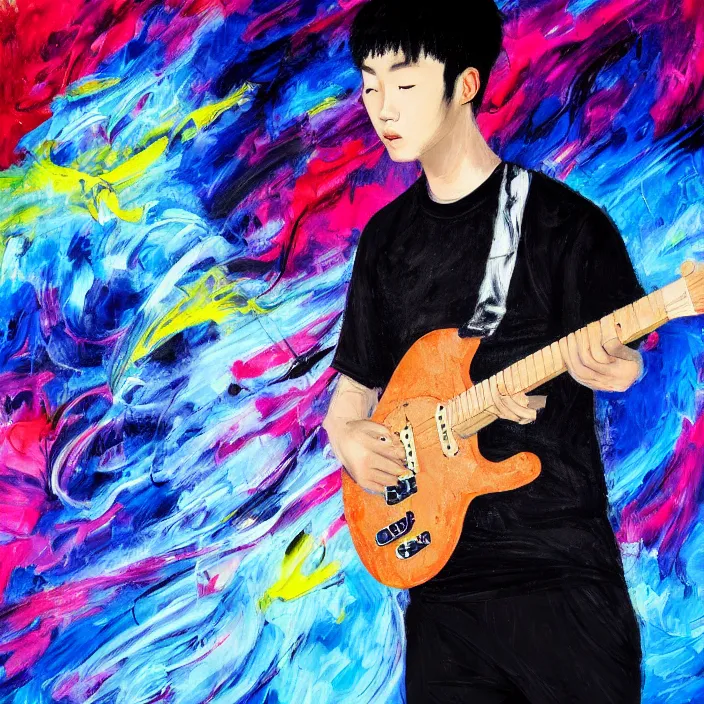 Prompt: abstract large swirly brush strokes painting of a young korean man wearing black low neck t shirt holding a telecaster!!! electric guitar!!, candid!! dark background, huge thick flowing dramatic brush strokes, matte colors, abstract, emotional masterpiece, impressionist, trending on artstation