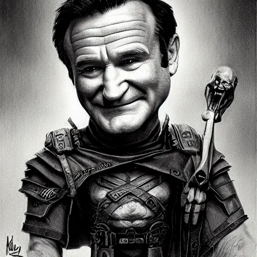 Prompt: Robin Williams. alternate dimensions by Tibor Nagy, by Ken Kelly angular, doom