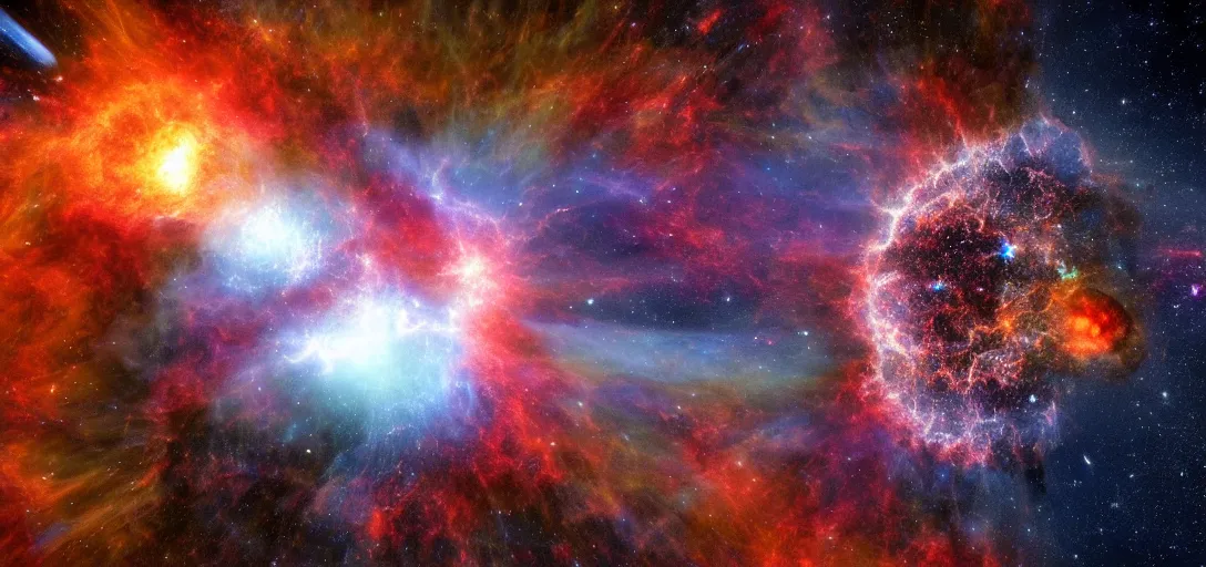 A dramatic CGI render of a supernova explosion illuminating the darkness of  space with brilliant colors and particles