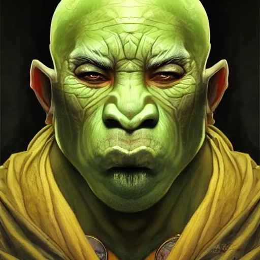 Prompt: “portrait of an orc monk (green skin) oracle wearing robes and a blindfold that covers his eyes, D&D character, highly detailed, digital fantasy character painted portrait, artstation, concept art, sharp focus, illustration, art by artgerm and greg rutkowski and alphonse mucha and craig mullins and James Jean and Andrei Riabovitchev and Marc Simonetti and peter mohrbacher”