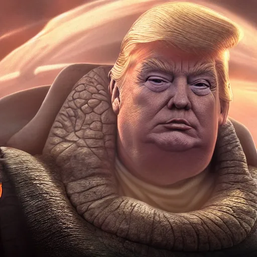 Prompt: jabba the hutt but its donald trump from star wars, cinematic, 4 k, god rays through fog.