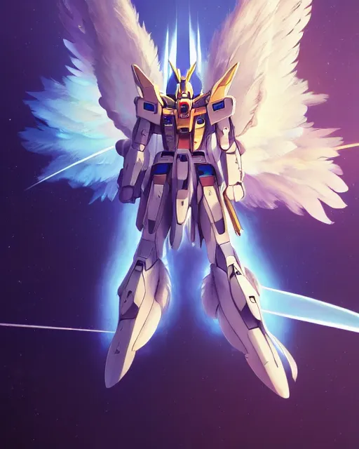 Image similar to highly detailed vfx portrait of an angelic gundam with wings of feathers beam saber fighting in space with a beam gun, unreal engine, greg rutkowski, loish, rhads, beeple, makoto shinkai and lois van baarle, ilya kuvshinov, rossdraws, tom bagshaw, alphonse mucha, global illumination, detailed and intricate environment