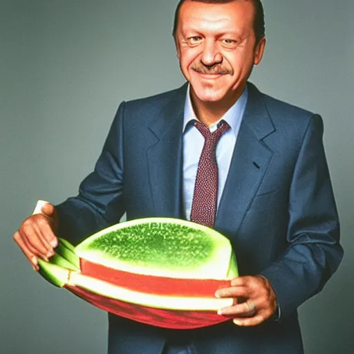 Image similar to recep tayyip erdogan smiling holding watermelon for a 1 9 9 0 s sitcom tv show, studio photograph, portrait