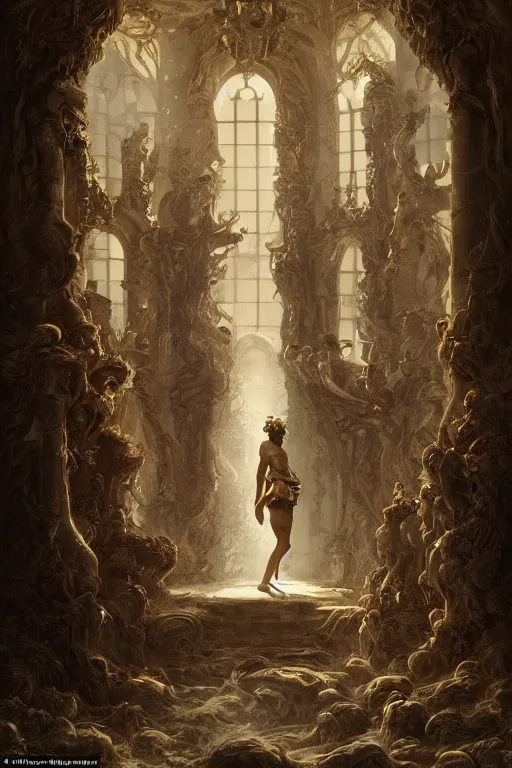 Image similar to the dweller at the threshold, dramatic, elaborate emotive Baroque and Rococo styles to emphasize beauty as a transcendental, 8k image, ultra-realistic, the style of WLOP