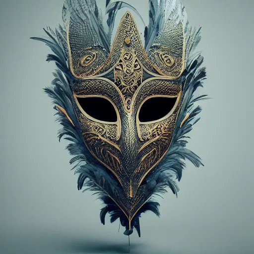 Image similar to an elaborate intricate mask made of feathers surrounded by storm clouds, rendered in octane, behance hd, bokeh backdrop