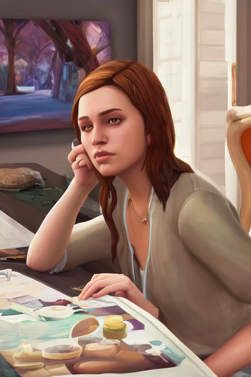 Image similar to lauren playing the sims 4, oil on canvas, intricate, portrait, 8 k highly professionally detailed, hdr, cgsociety