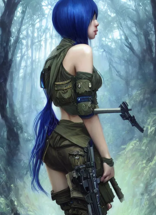 Prompt: stunningly beautiful female blue hair, dj sura face, fantasy art, military girl, army girl outfit, soldier helmet, jungle background, dark light night, sharp focus, digital painting, 8 k, concept art, art by wlop, artgerm, greg rutkowski and alphonse mucha