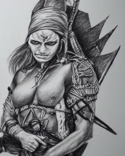 Image similar to A beautiful female warrior, pirate ship deserted island faded background, realism pencil drawing on white paper, bald lines