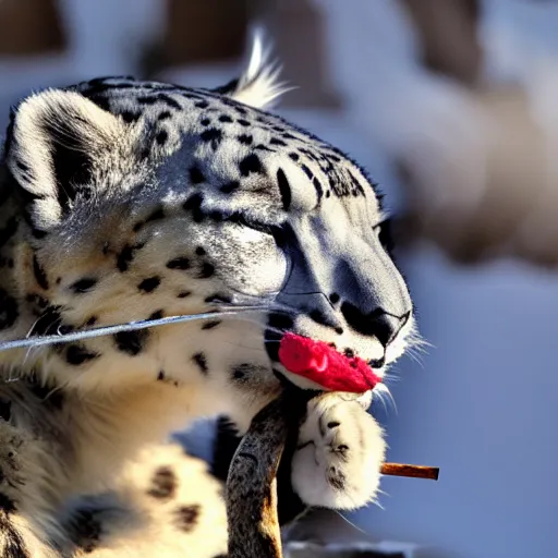 Image similar to Snow leopard with a smokey joint in his mouth, iPhone photo