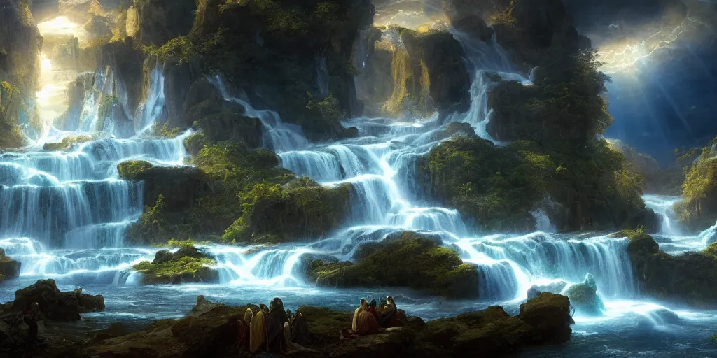 Image similar to creation of the world and heaven with a river of the water of life, clear as crystal, flowing from the throne of god and of the lamb by daniel f. gerhartz and matt stewart and thomas cole, fantasy, photorealistic, octane render, unreal engine, dynamic lighting