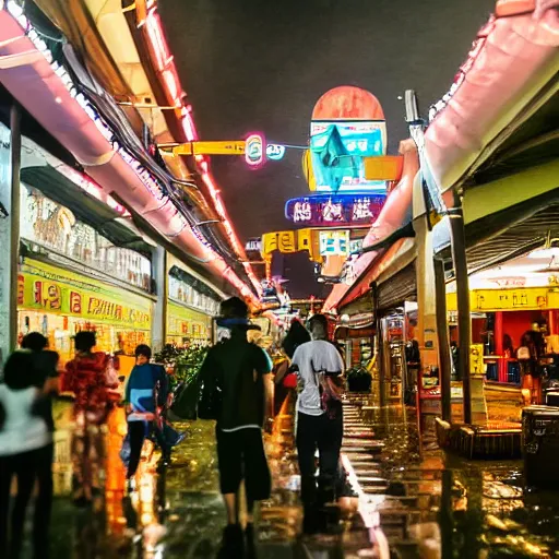 Prompt: A rainy night outside a Singaporean hawker centre, award-winning photography, cinematic lighting