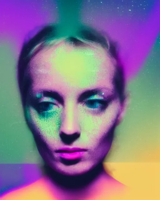 Prompt: electronic woman's face, blank expression, violet and yellow and green lighting, polaroid photo, atmospheric, whimsical and psychedelic, grainy, expired film, super glitched, corrupted