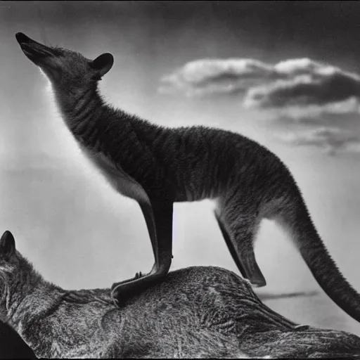 Prompt: ''a sebastião salgado's photograph of a thylacine caught in the wild''