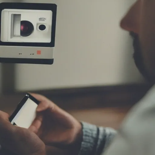 Prompt: a polaroid photo of a man checking his emails from the perspective of a computer screen