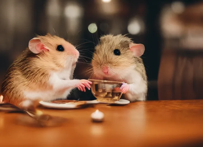 Image similar to photo of a hamsters on a date, kissing, at night, romantic, faded colors, candlelit restaurant table, cinematic color grading, various poses, soft light, centered, sharp focus, 8 k