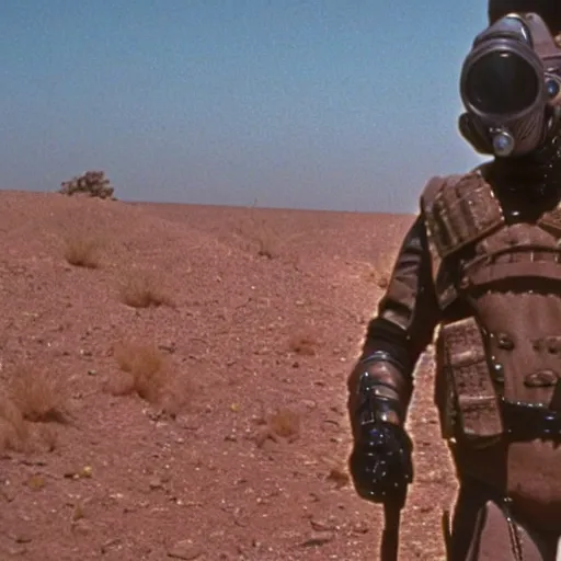 Image similar to a heavily armored man wearing a gasmask walking through a desert, coral in background, film still, arriflex 3 5