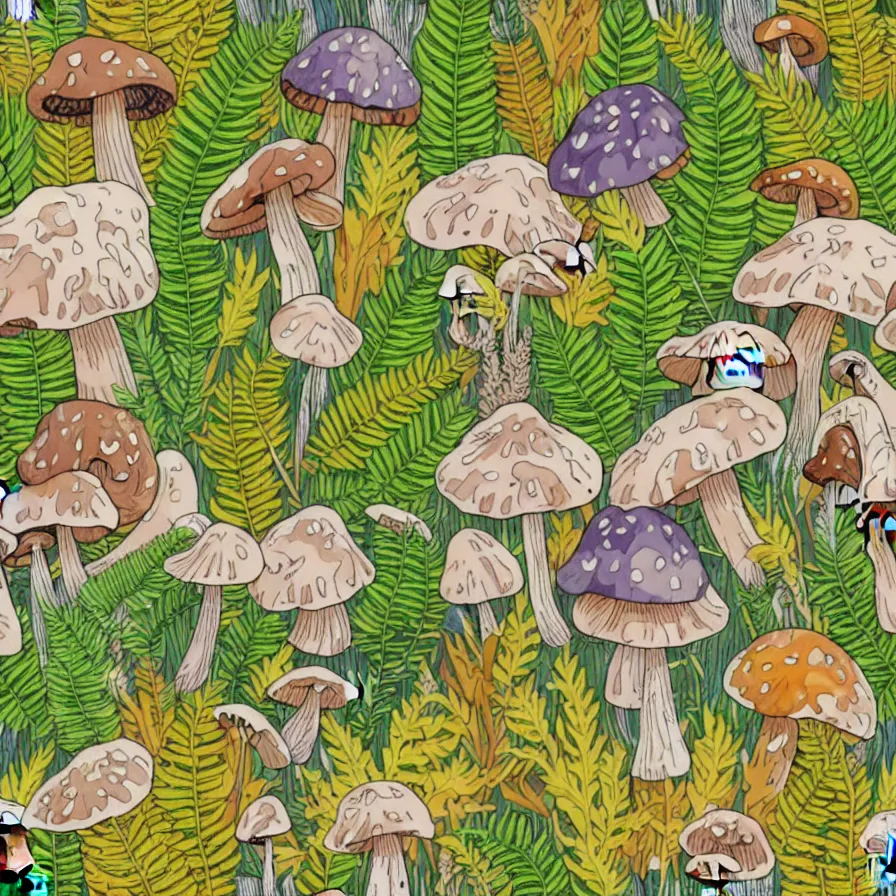 Image similar to plethora of mushrooms and mycelium, vivid natural color hues and natural surroundings, colorful painted patterns and motifs on mushrooms, leaves and ferns, seamless fabric pattern 8K, highly detailed.