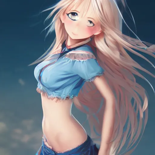 Image similar to a very beautiful young anime girl, full body, long wavy blond hair, sky blue eyes, full round face, bikini, miniskirt, front view, mid - shot, highly detailed, digital art by wlop, trending on artstation
