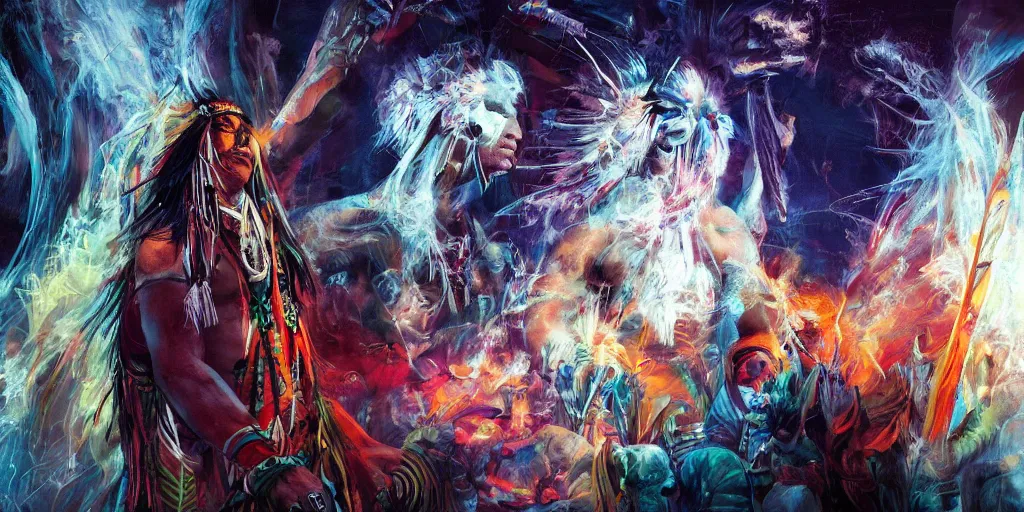 Image similar to of Native American shaman drumming by Liam Wong and Boris Vallejo