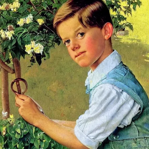 Prompt: a cute seven year old boy with tousled blonde hair and blue eyes in a lovely garden, beautiful painting by norman rockwell and raymond swanland, highly detailed face