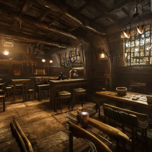 Prompt: Realistic Interior Concept design of very very very highly detailed Tavern in style of Medieval and in style of Cyberpunk, Many details by Hiromasa Ogura. More cyberpunk a lot less Medieval. Panorama 360 degrees Rendered in unreal engine 5, artstationHD, 4k, 8k, 3d render, 3d Houdini, cinema 4d, octane RTX volumetric natural light