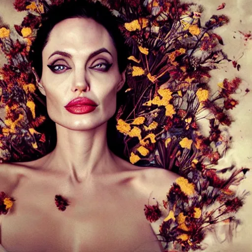 Prompt: fine art photo of angelina jolie, she has a crown of dried flowers, by oleg oprisco