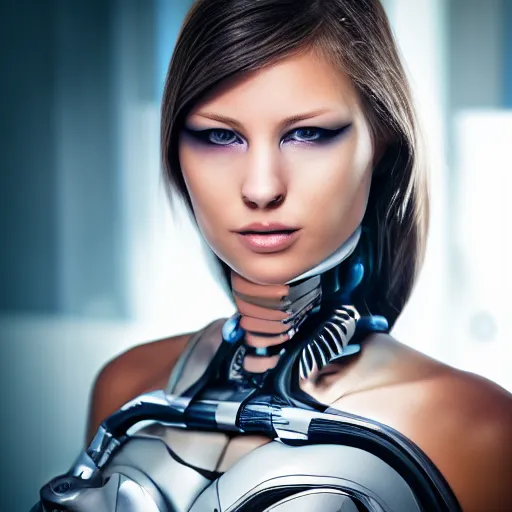 Image similar to portrait photo of a beautiful female cyborg