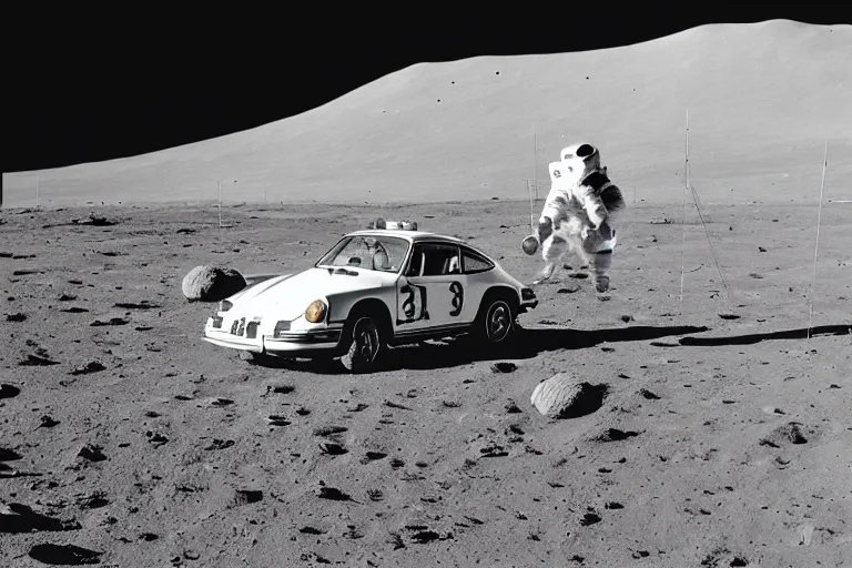 Image similar to vintage photo of a porsche 911 rover on the moon being driven by an astronaut. wide shot. apollo moon landing