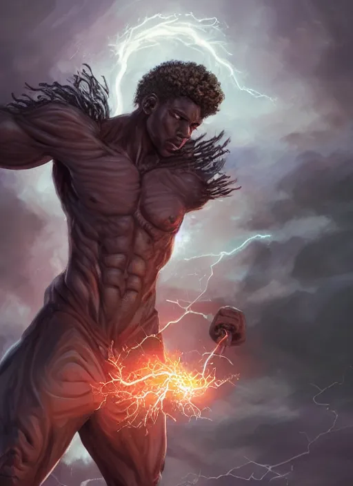 Image similar to a highly detailed illustration of short curly haired fade african god of lightning, evil summoning lightning from hands pose, moonlit clouds background, muscular, intricate, elegant, highly detailed, centered, digital painting, artstation, concept art, smooth, sharp focus, league of legends concept art, WLOP