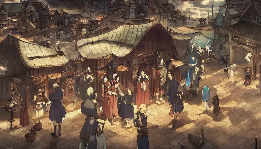 Image similar to “Ais-Wallenstein” at dawn in an medieval isekai market • cinematic anime screenshot by the Studio JC STAFF