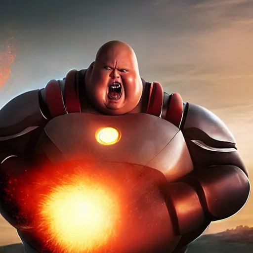 Prompt: Morbidly obese ironman goes super saiyan, marvel studios, pixar, film still