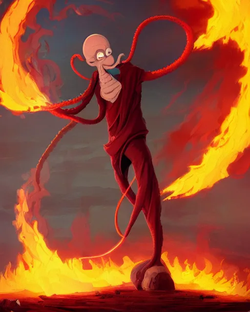 Prompt: tentacled squidward wearing fire nation clothing and practicing firebending outside at susnset, [ greg rutkowski ]