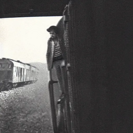 Prompt: the disembodied spirit of a dangerous railroad demon, Boxcar on the railroad, atmospheric and depressed, Cinematic, 35mm, film still from a horror movie