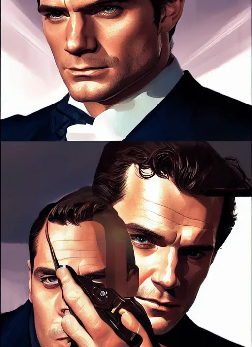 Image similar to portrait of henry cavill as james bond, casino, key art, highly detailed, digital painting, artstation, concept art, cinematic lighting, sharp focus, illustration, art by artgerm and greg rutkowski and alphonse mucha