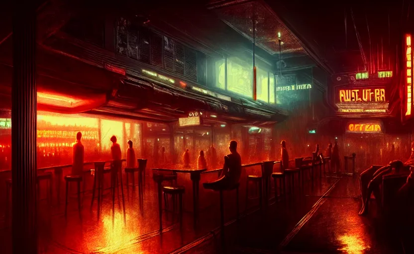 Image similar to blade runner in a dimly lit bar, fluorescent lighting, eerie, otherworldly atmosphere, detailed, photorealistic imagery, futuristic, intricate, detailed, photorealistic imagery, artstation