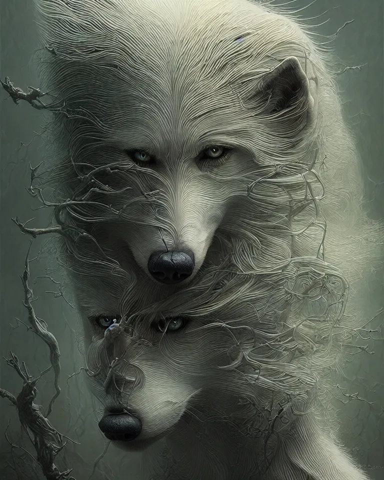 Image similar to ultra realist intricate detailed portrait of an attractive female turning into a white wolf, insanity, accurate features, apocalyptic, very intricate details, 8 k resolution, dim lighting, volumetric lighting, artstyle, zdzisław beksinski and keith thompson, award winning