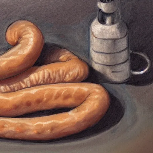 Prompt: old child draws a sausage, anatomically correct, oil painting, hyper realistic, 8 k highly detailed