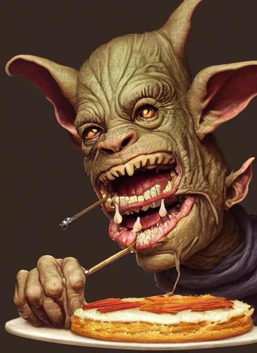 Image similar to highly detailed closeup portrait of a medieval goblin eating cakes, stephen bliss, unreal engine, greg rutkowski, ilya kuvshinov, ross draws, hyung tae and frank frazetta, tom bagshaw, tom whalen, nicoletta ceccoli, mark ryden, earl norem, global illumination, god rays, detailed and intricate environment