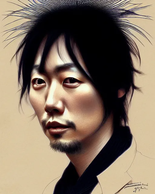 Image similar to photography portrait of japanese rock singer yutaka ozaki from 1 9 8 0 s, ambient lighing, intricate, elegant, highly detailed, digital painting, artstation, concept art, smooth, sharp focus, illustration, art by artgerm and greg rutkowski and alphonse mucha