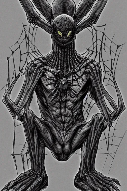 Image similar to spider humanoid figure monster, symmetrical, highly detailed, digital art, sharp focus, trending on art station, kentaro miura manga art style