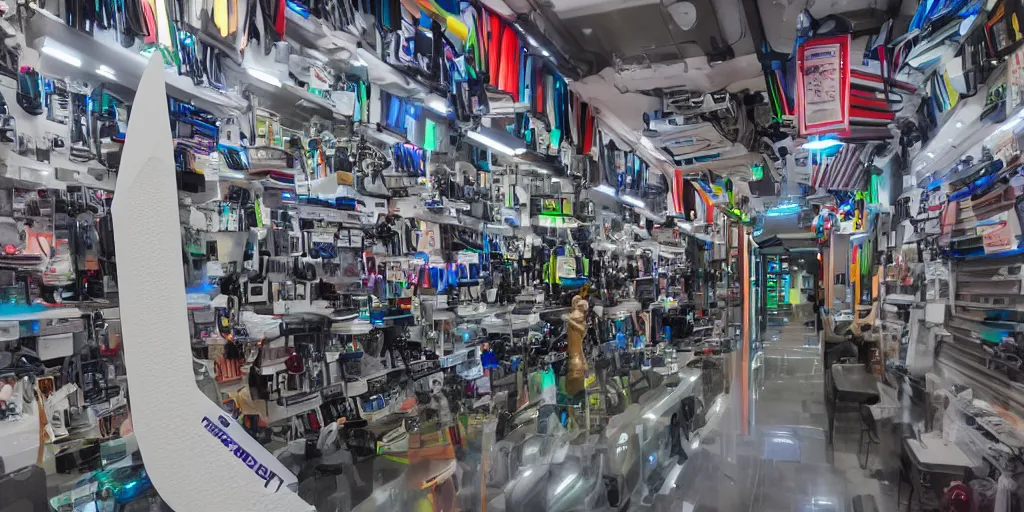 Prompt: a photo of a clean alien sword shop, futuristic, holographic, 8k, sharp focus, fujifilm