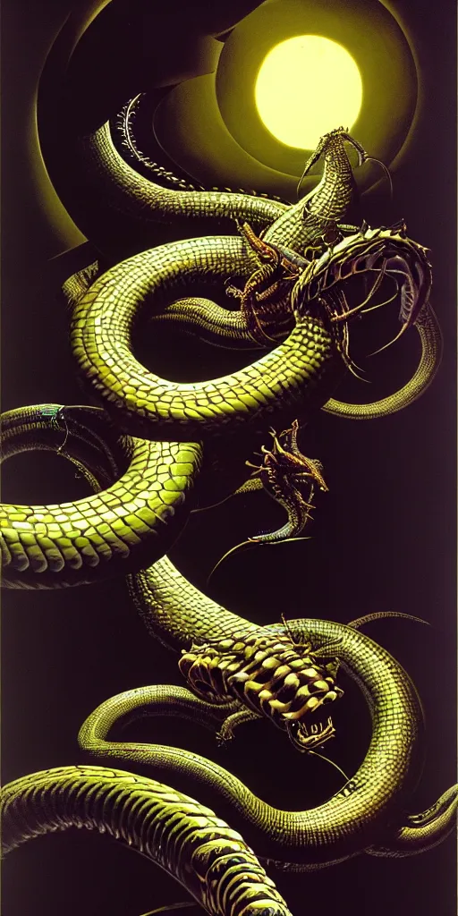 Prompt: the great cyborg serpent leviathan hyperrrealistic curling around the planet syd mead caravaggio dramatic lighting