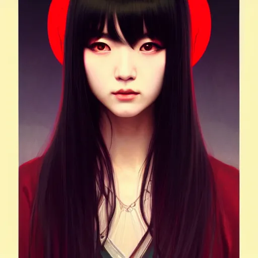 Image similar to a beautiful japanese girl with long black hair and bangs, red eyes, fantasy, portrait, sharp focus, intricate, elegant, digital painting, artstation, matte, highly detailed, concept art, illustration, ambient lighting, art by ilya kuvshinov, artgerm, Alphonse mucha, and Greg Rutkowski