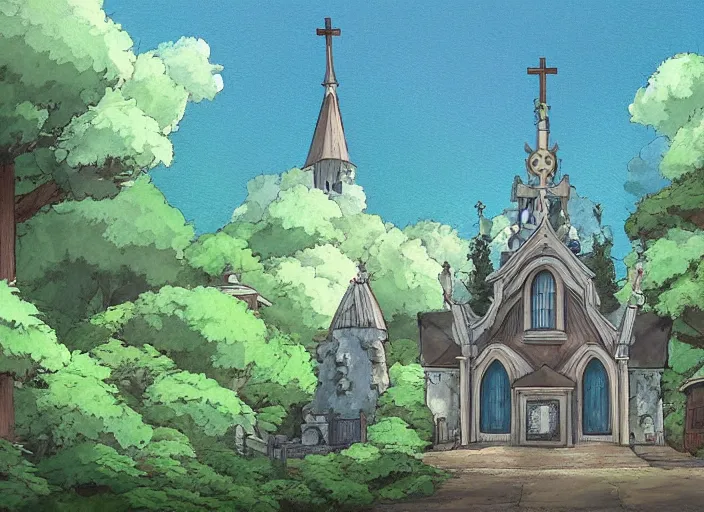 Image similar to view of a catholic church on a forested mountain, in the style of studio ghibli, distant, detailed, artstation, award winning painting,