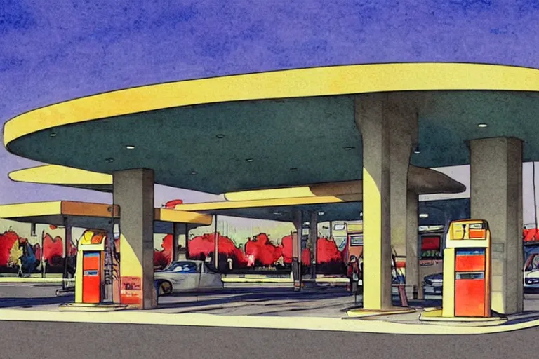 Prompt: a pencil and watercolor art of a beautiful luxurious gas station, retro and 1 9 8 0 s style, beautiful architecture, retro coloring, retro and 1 9 8 0 s style, retro and 1 9 8 0 s filter