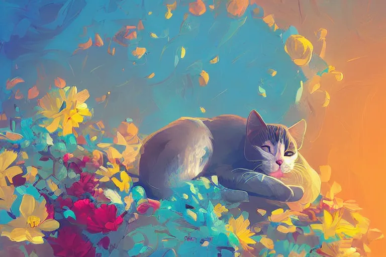 Image similar to a digital art of a cat sleeping in the room with flowers around in the afternoon, the sun shines in, animal, light effect, highly detailed, by anton fadeev