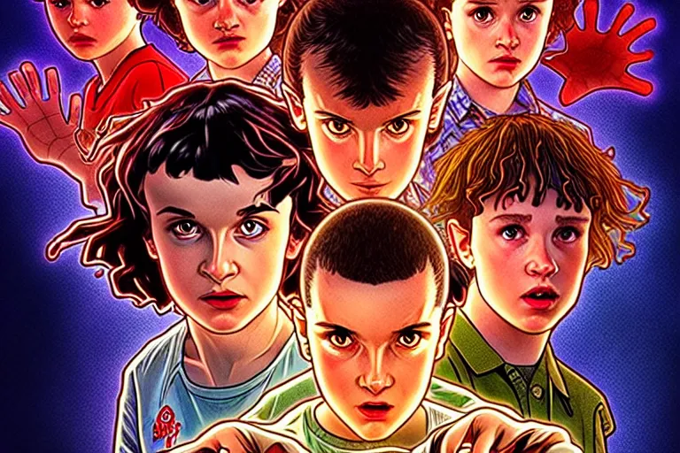 Prompt: closeup shot from the animated version Stranger Things, cartoon, detailed faces, high resolution, hyper detailed, intricate, illustrated, dramatic lighting, illustration, artstation, concept art, smooth, sharp focus, art by Alphonse Mucha and Matt Groening !n-9