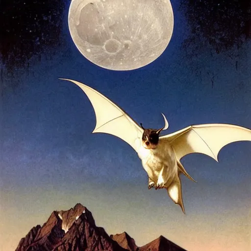 Image similar to hyper realistic white bat, flying against a dark black night sky, mountain in the background, moonlight, denoised, very detailed, painted by james gurney, alphonso mucha, norman rockwell, tom bagshaw