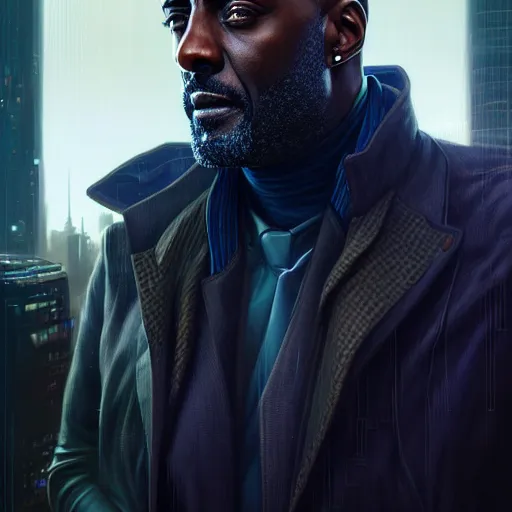 Image similar to portrait painting of a cyberpunk corporate boss elven idris elba, ultra realistic, concept art, intricate details, eerie, highly detailed, photorealistic, octane render, 8 k, unreal engine. art by artgerm and greg rutkowski and charlie bowater and magali villeneuve and alphonse mucha