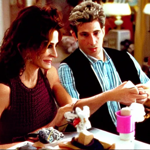 Image similar to Scene from Pretty Woman with crocheting figures. Julia Roberts and Richard are crocheting figures made of crochet